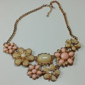 Pink Floral Statement Piece Necklace Princess Length w Rhinestones and Metal